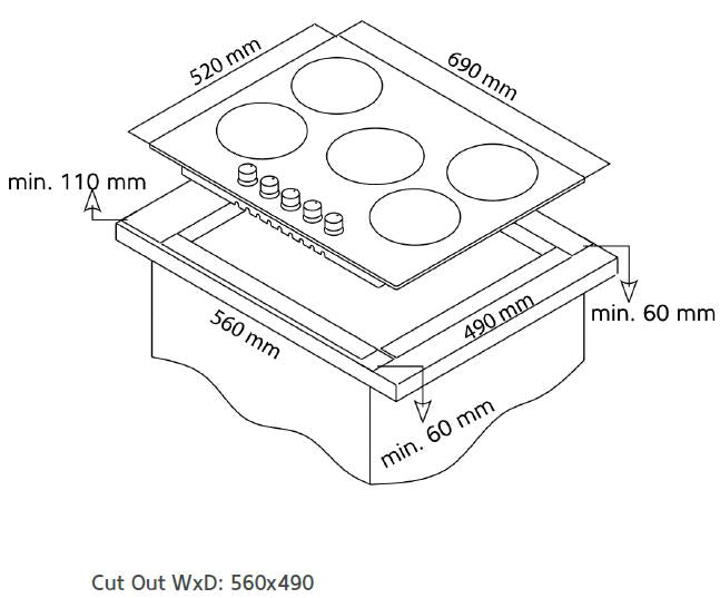 ENCIMERA A GAS ARTICA 70CM – 5 QUEMADORES, CRISTALGAS, ZONA WOK
