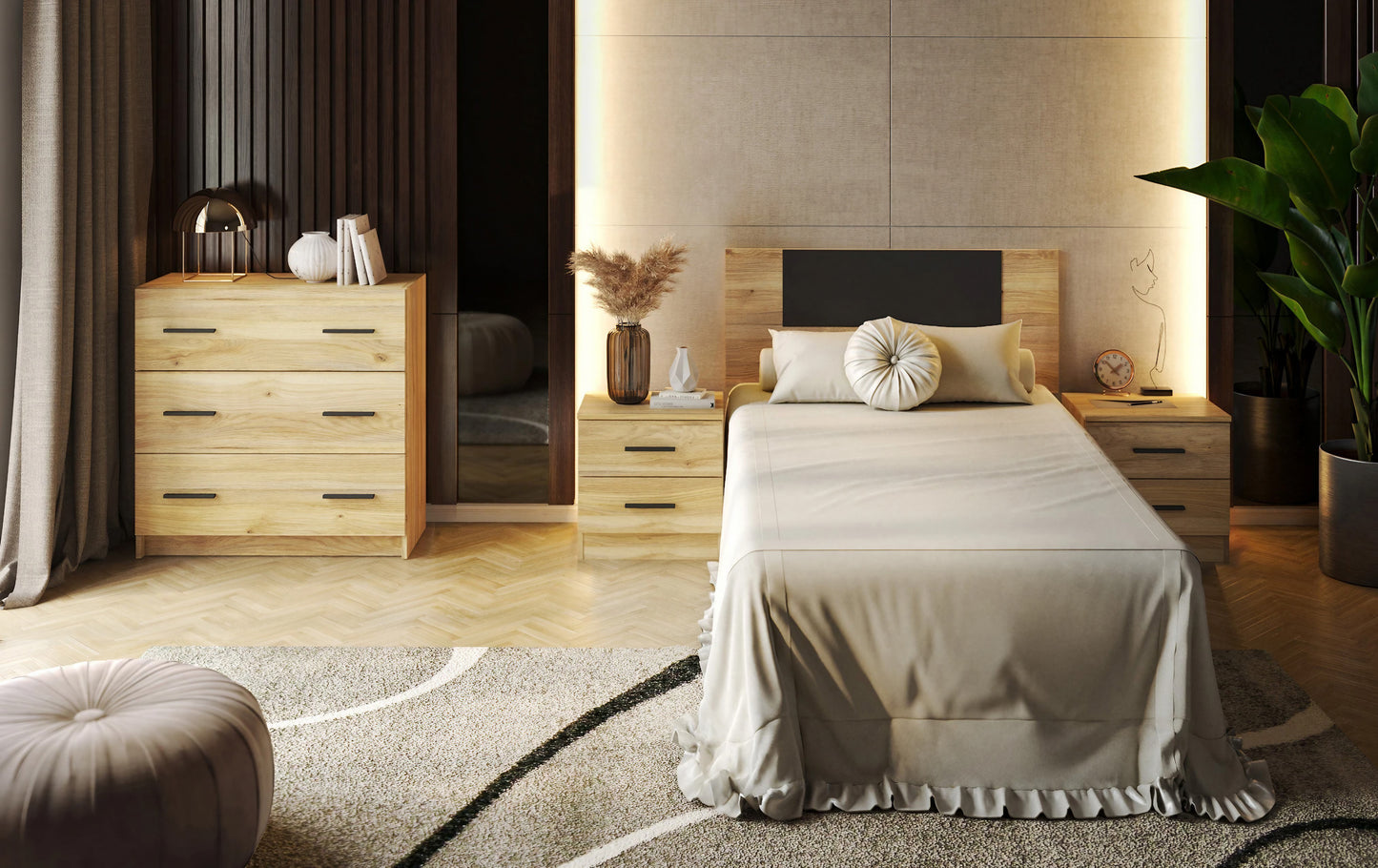 CONJUNTO DE DORMITORIO MODERNO AURA – CABECERO, MESITA Y CÓMODA: DISEÑO ACTUAL, ELEGANCIA Y FUNCIONALIDAD