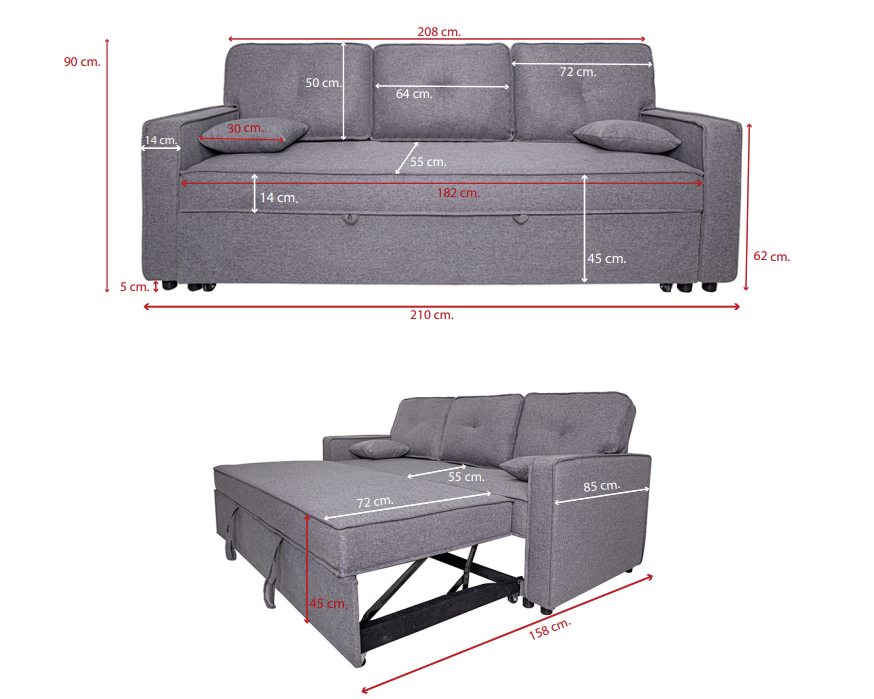 SOFÁ CAMA 3 PLAZAS GRIS CON DOS COJINES DAX