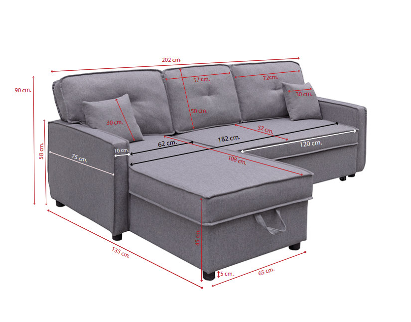 SOFÁ CAMA CHAISE LONGUE DAX 3 PLAZAS EN GRIS CON 2 COJINES: ESPACIO Y CONFORT PARA TU HOGAR