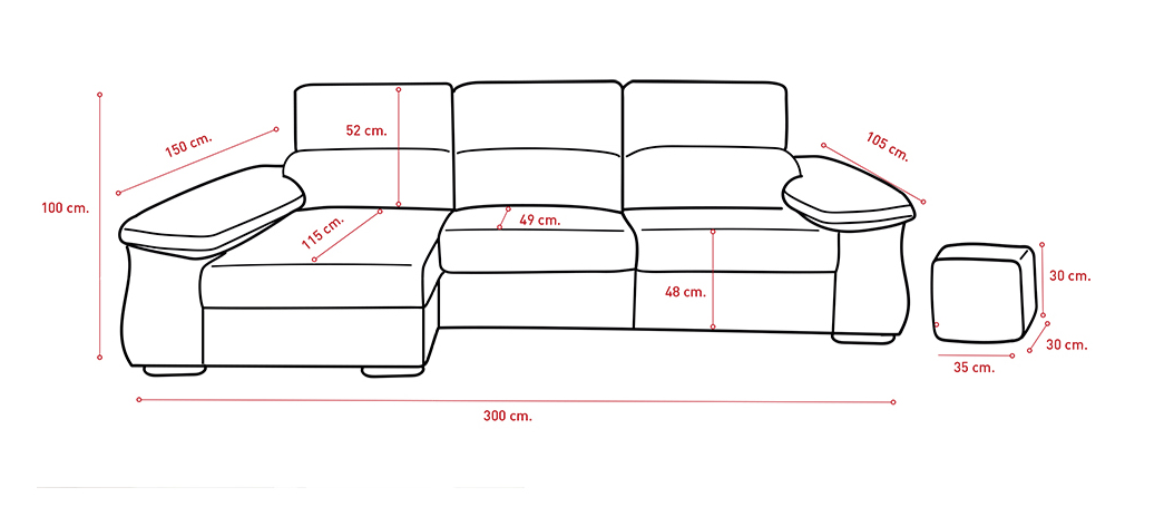 SOFÁ CHAISE LONGUE CON DOBLE ARCÓN Y 2 PUFF AUDI