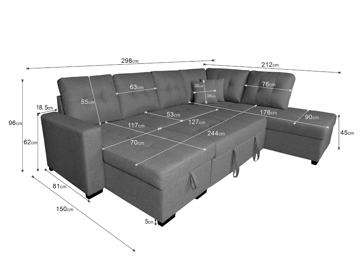 SOFÁ CHAISE LONGUE AITANA CON CAMA Y ARCÓN – DISEÑO EN U, AMPLIO Y FUNCIONAL