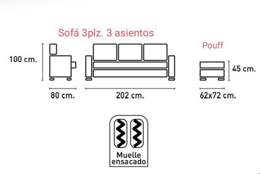 SOFÁ 3 PLAZAS 3 ASIENTOS DE 202 CM LARGO RUBEN