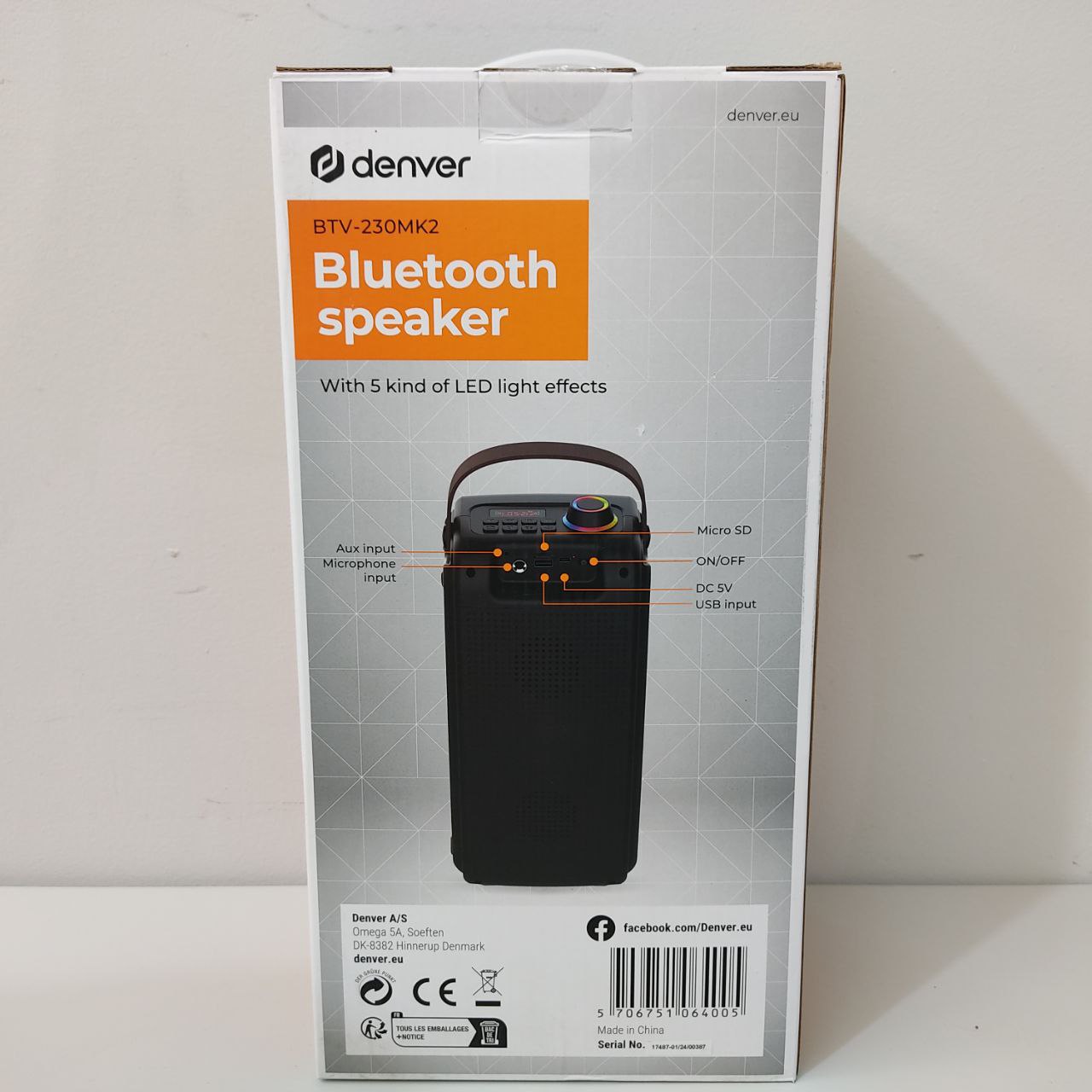 ALTAVOZ PORTÁTIL DENVER BTV-230MK2 – 100W, BLUETOOTH, LUCES LED Y KARAOKE
