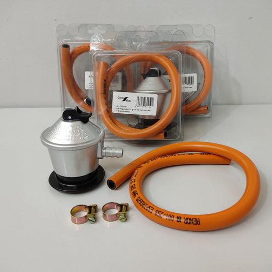 KIT REGULADOR PARA ESTUFAS – REGULADOR + MANGUERA 60 CM + 2 ABRAZADERAS