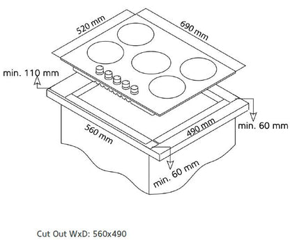 ENCIMERA A GAS ARTICA 70CM – 5 QUEMADORES, ACERO INOX, FORJA Y WOK