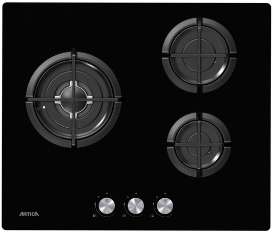 ENCIMERA A GAS ARTICA 60CM – 3 QUEMADORES, CRISTALGAS, FORJA WOK Y SEGURIDAD ANTI-CORTE