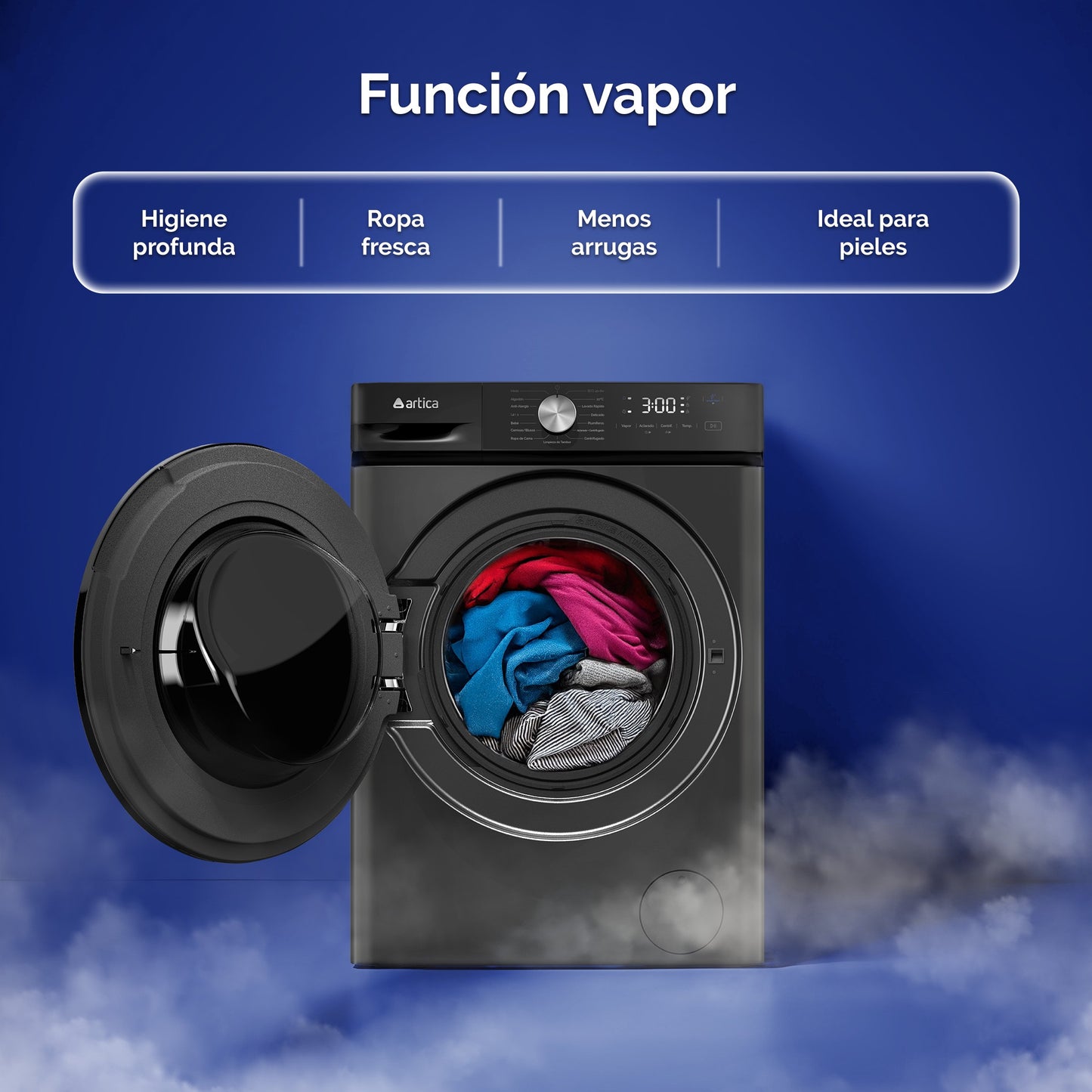 LAVADORA ARTICA AQUAPLUS 10 KG 1400 RPM DE BAJO CONSUMO COLOR GRIS OSCURO CON MOTOR INVERTER Y FUNCIÓN VAPOR