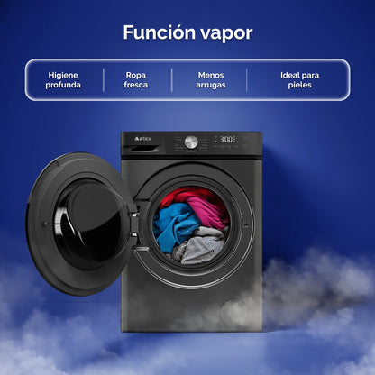LAVADORA ARTICA AQUAPLUS 10 KG 1400 RPM DE BAJO CONSUMO COLOR GRIS OSCURO CON MOTOR INVERTER Y FUNCIÓN VAPOR