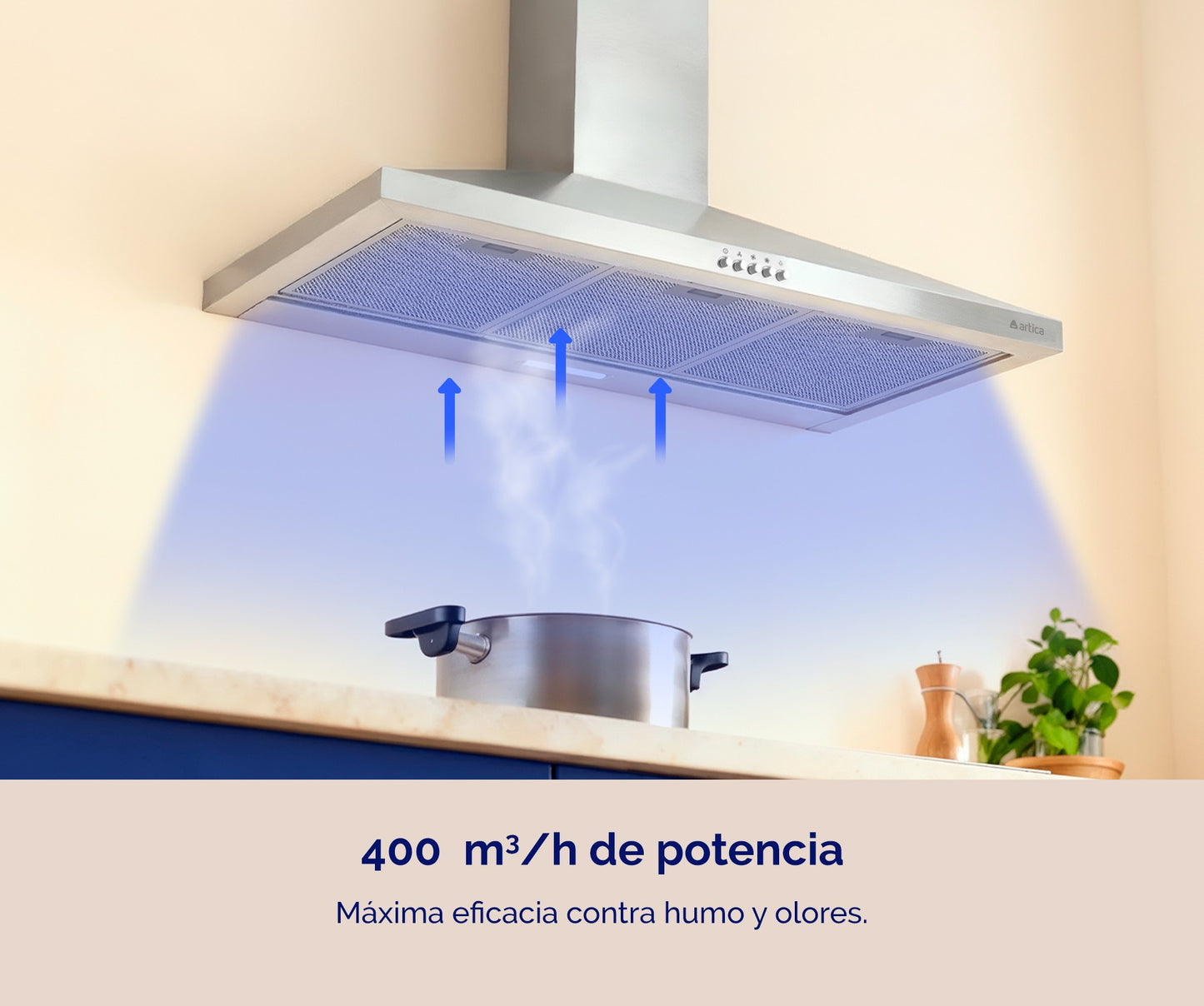 CAMPANA DECORATIVA ARTICA 60 Y 90 CM – 3 VELOCIDADES, LED, FILTROS LAVABLES Y ACERO INOX