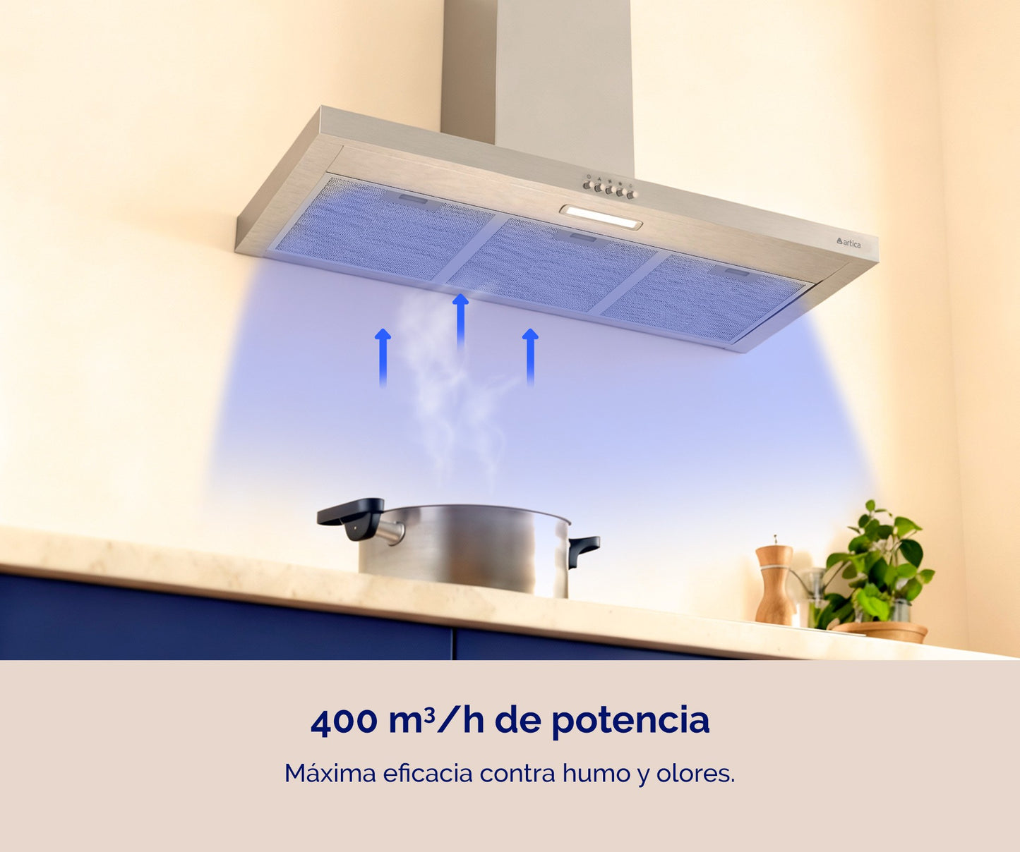 CAMPANA DECORATIVA ARTICA 60 Y 90 CM – 3 VELOCIDADES, LED, FILTROS LAVABLES Y ACERO INOX
