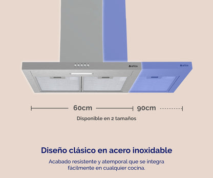 CAMPANA DECORATIVA ARTICA 60 Y 90 CM – 3 VELOCIDADES, LED, FILTROS LAVABLES Y ACERO INOX