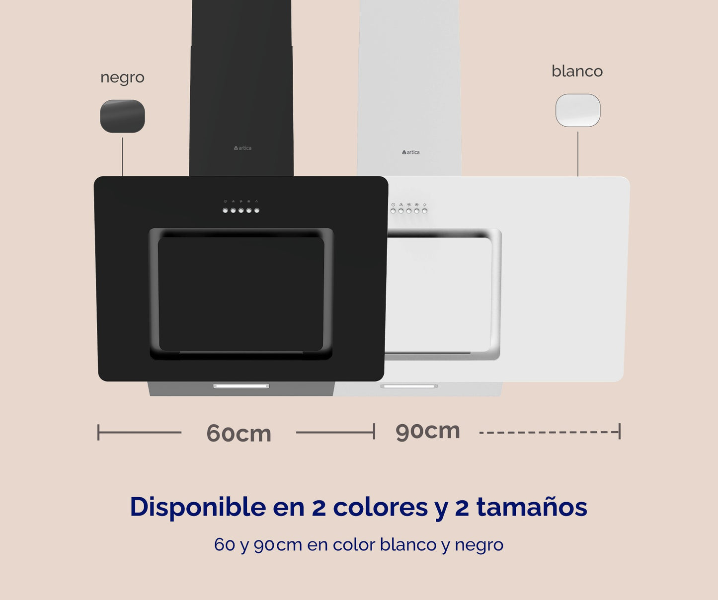 CAMPANA DECORATIVA INCLINADA ARTICA 60CM – CRISTAL NEGRO / BLANCO, LED Y 3 VELOCIDADES