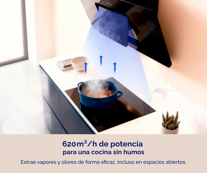 CAMPANA DECORATIVA INCLINADA ARTICA 60CM – CRISTAL NEGRO / BLANCO, LED Y 3 VELOCIDADES