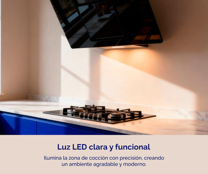CAMPANA DECORATIVA INCLINADA ARTICA 60CM – CRISTAL NEGRO / BLANCO, LED Y 3 VELOCIDADES
