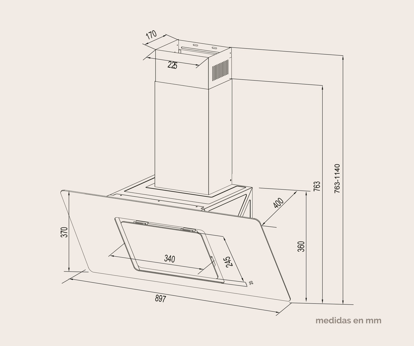 CAMPANA DECORATIVA INCLINADA ARTICA 90CM – CRISTAL BLANCO Y NEGRO, LED Y 3 VELOCIDADES