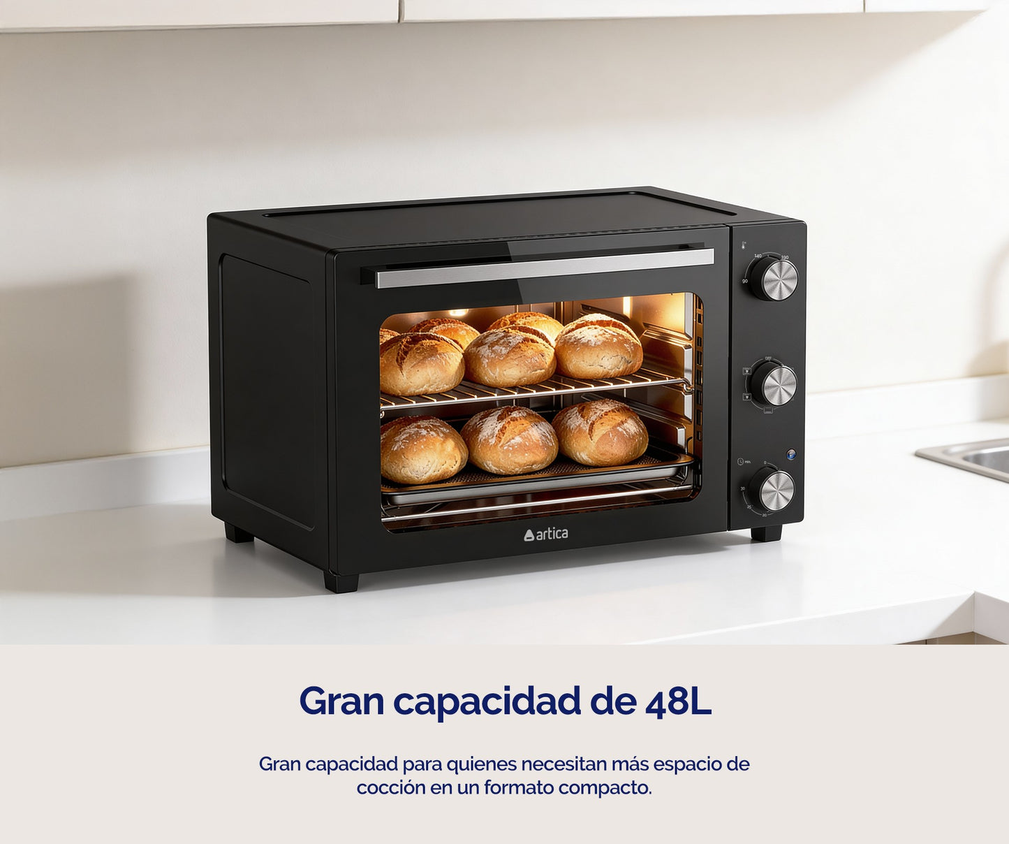 HORNO SOBREMESA ARTICA 48L 1800W – CONVECCIÓN, TEMPORIZADOR Y DOBLE CRISTAL