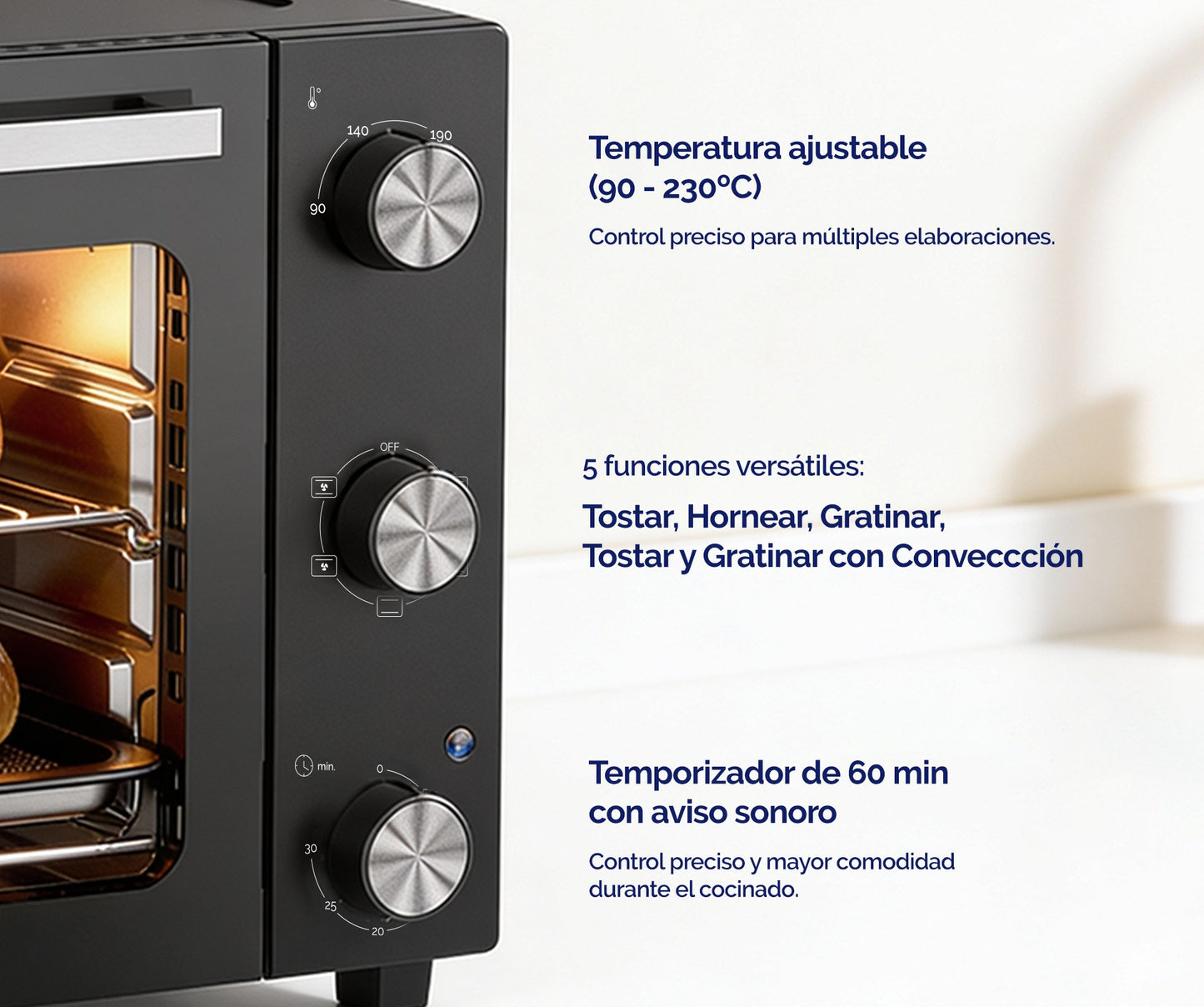 HORNO SOBREMESA ARTICA 48L 1800W – CONVECCIÓN, TEMPORIZADOR Y DOBLE CRISTAL
