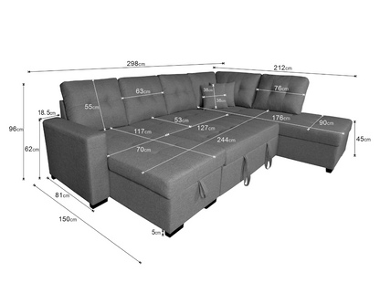 SOFÁ CHAISE LONGUE AITANA CON CAMA Y ARCÓN – DISEÑO EN U, AMPLIO Y FUNCIONAL