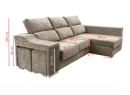 SOFÁ CHAISE LONGUE LUCAS – MÁXIMO CONFORT, ARCÓN DE GRAN CAPACIDAD Y 2 TABURETES INTEGRADOS