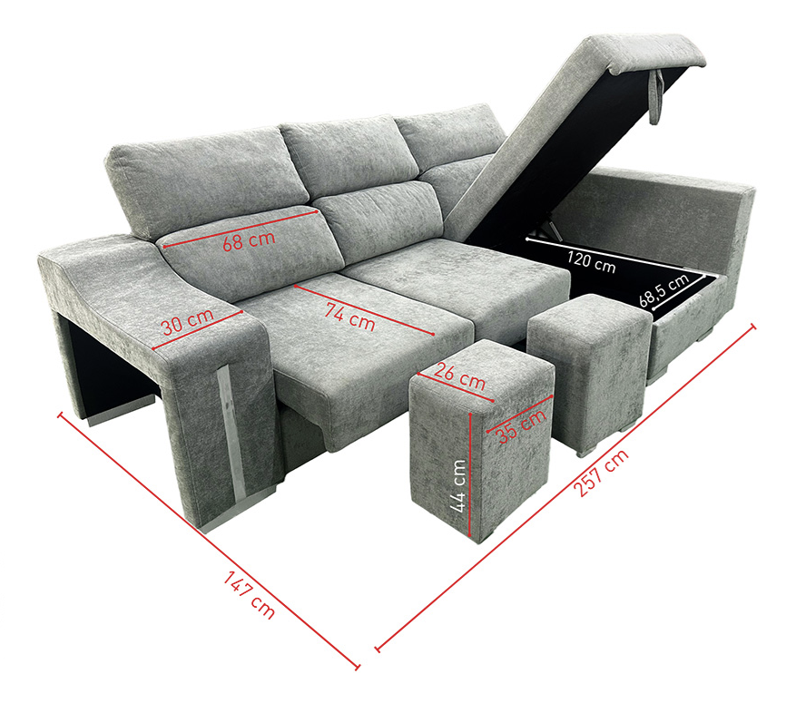 SOFÁ CHAISE LONGUE LUCAS – MÁXIMO CONFORT, ARCÓN DE GRAN CAPACIDAD Y 2 TABURETES INTEGRADOS