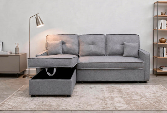 SOFÁ CAMA CHAISE LONGUE DAX 3 PLAZAS EN GRIS CON 2 COJINES: ESPACIO Y CONFORT PARA TU HOGAR