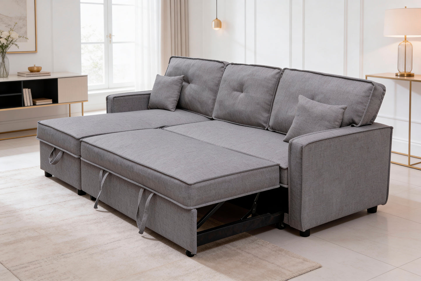 SOFÁ CAMA CHAISE LONGUE DAX 3 PLAZAS EN GRIS CON 2 COJINES: ESPACIO Y CONFORT PARA TU HOGAR