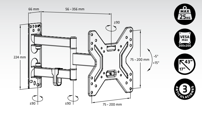 SOPORTE TV ENGEL-AXIL AC0591E ARTICULABLE EXTENSIBLE 17"-42" 25 KG