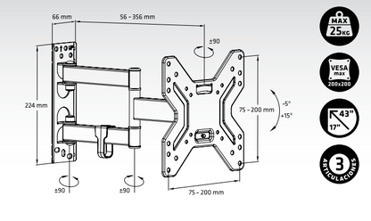SOPORTE TV ENGEL-AXIL AC0591E ARTICULABLE EXTENSIBLE 17"-42" 25 KG