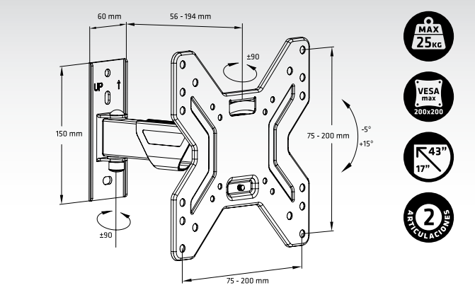 SOPORTE TV ENGEL AC0590E ARTICULADO E INCLINABLE 17" - 42" (VESA 200X200)