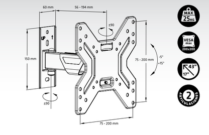 SOPORTE TV ENGEL AC0590E ARTICULADO E INCLINABLE 17" - 42" (VESA 200X200)