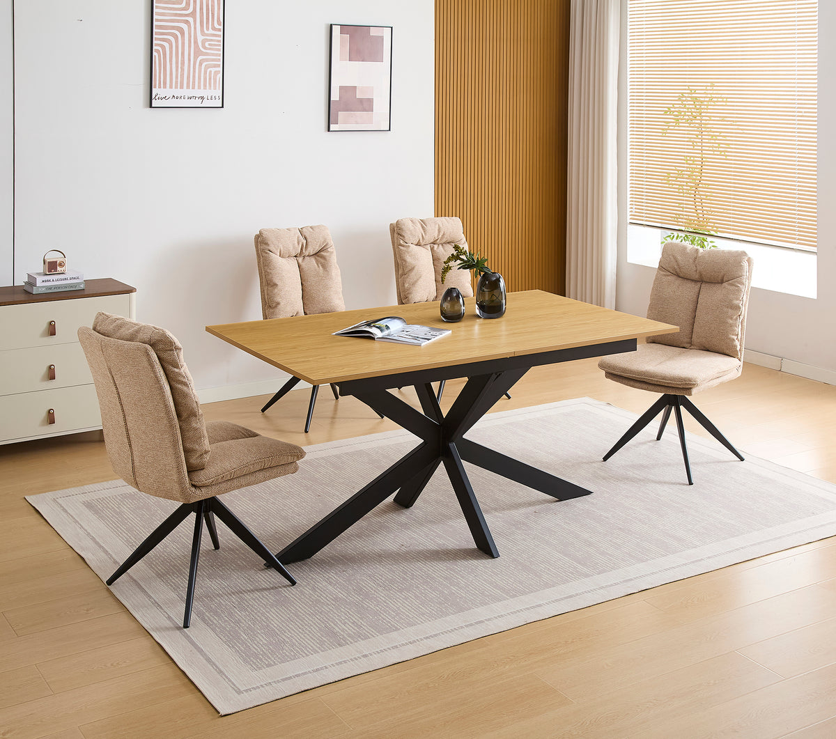 CONJUNTO DE COMEDOR EXTENSIBLE KELLER + SILLAS GIRATORIAS SHELTON
