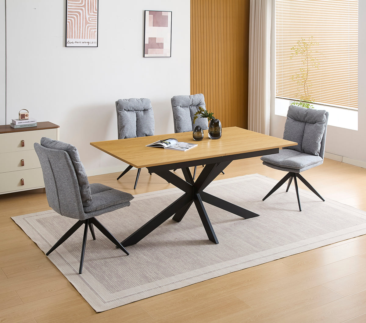 CONJUNTO DE COMEDOR EXTENSIBLE KELLER + SILLAS GIRATORIAS SHELTON