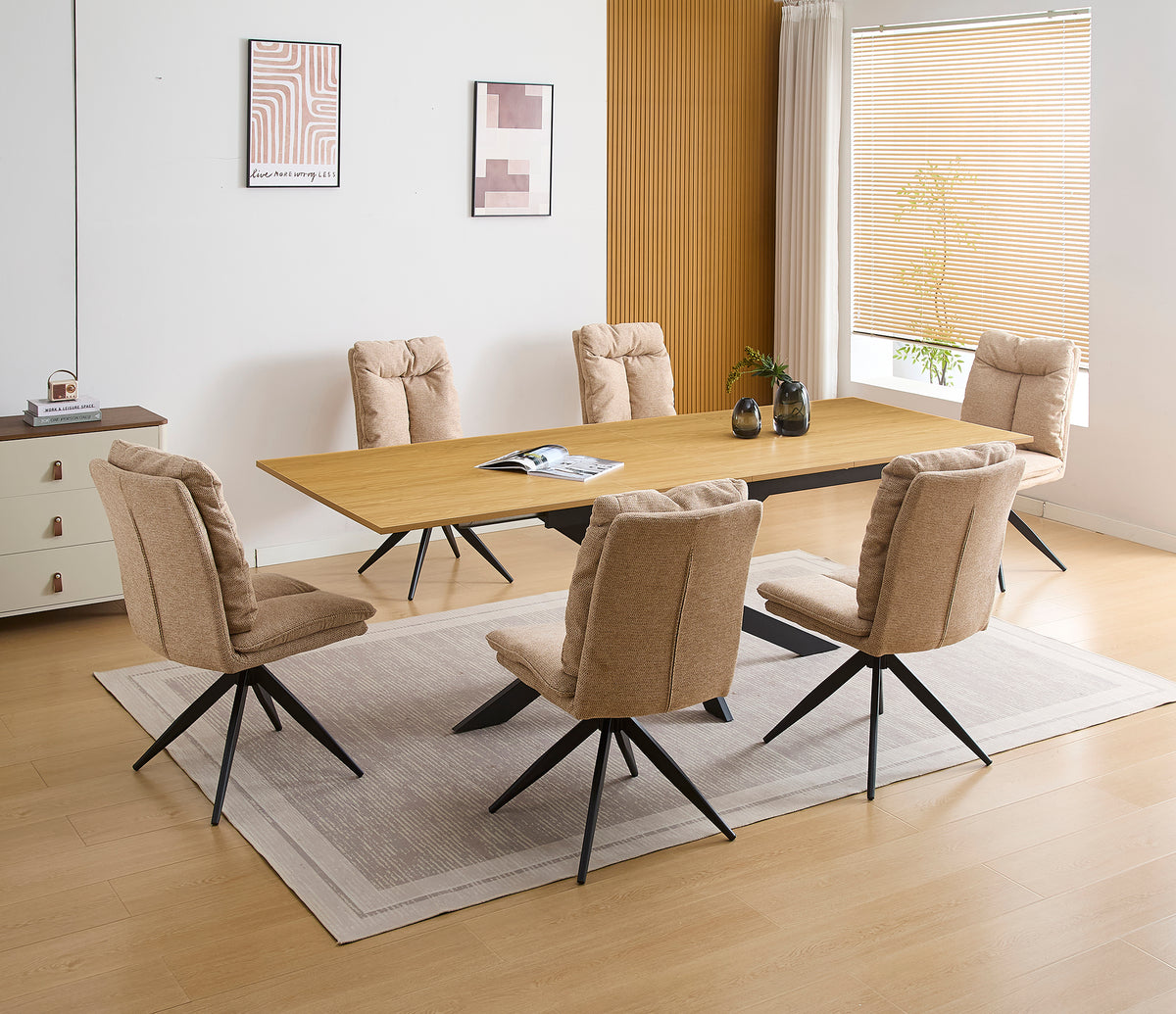 CONJUNTO DE COMEDOR EXTENSIBLE KELLER + SILLAS GIRATORIAS SHELTON