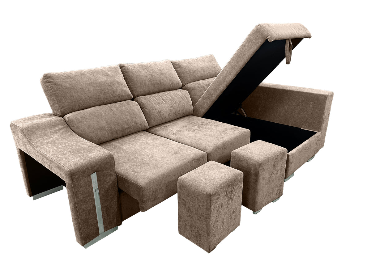 SOFÁ CHAISE LONGUE LUCAS – MÁXIMO CONFORT, ARCÓN DE GRAN CAPACIDAD Y 2 TABURETES INTEGRADOS