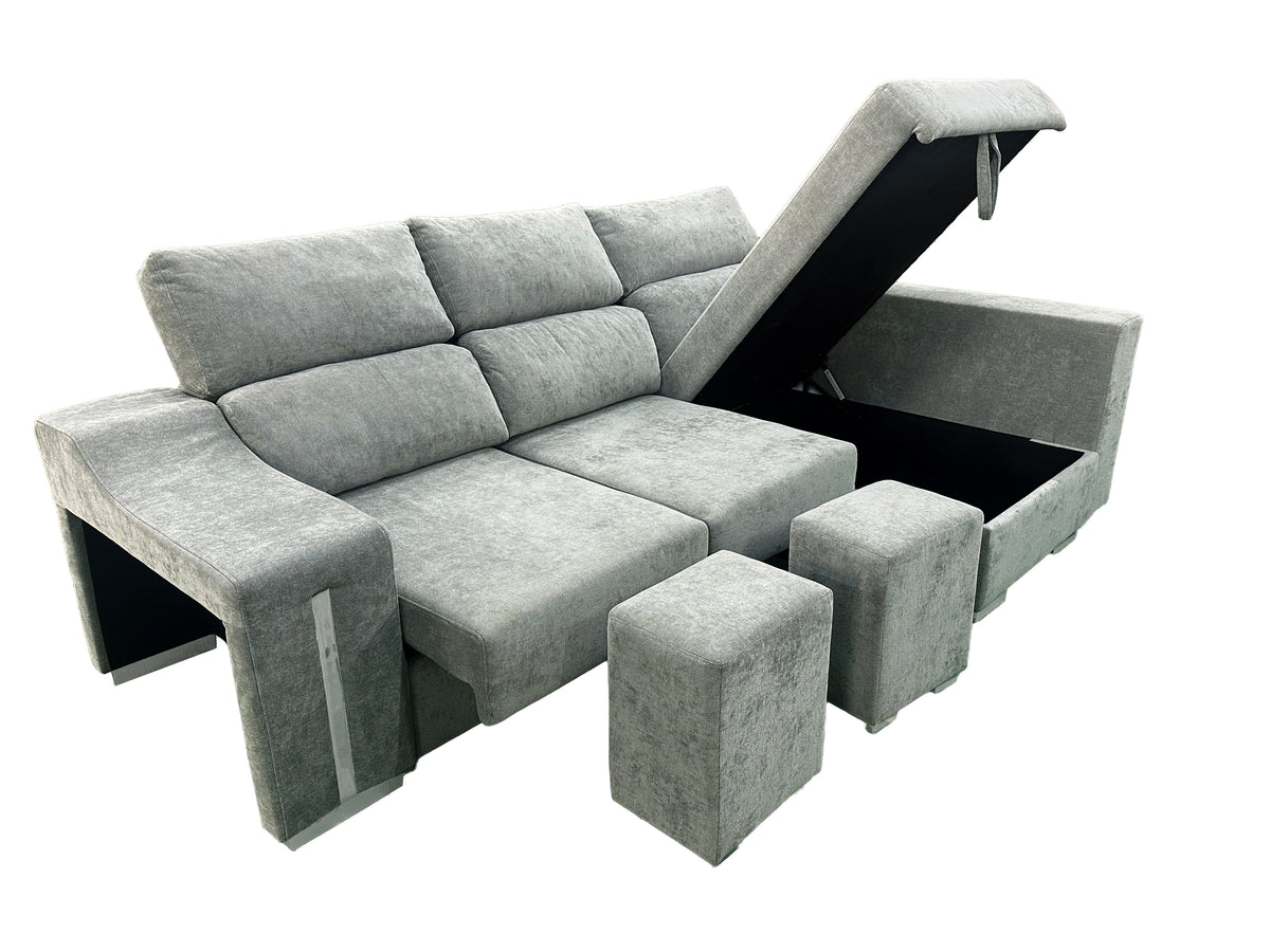 SOFÁ CHAISE LONGUE LUCAS – MÁXIMO CONFORT, ARCÓN DE GRAN CAPACIDAD Y 2 TABURETES INTEGRADOS
