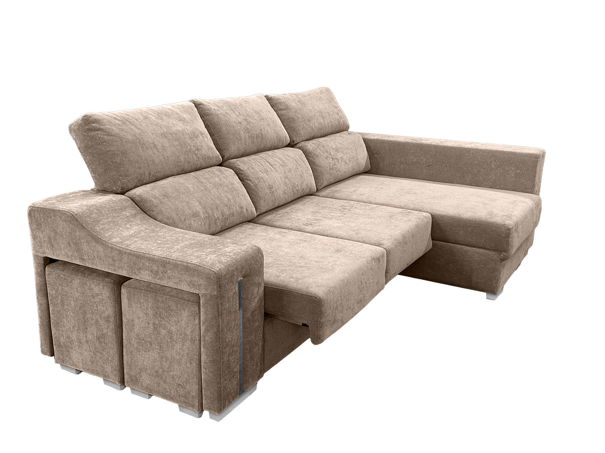 SOFÁ CHAISE LONGUE LUCAS – MÁXIMO CONFORT, ARCÓN DE GRAN CAPACIDAD Y 2 TABURETES INTEGRADOS