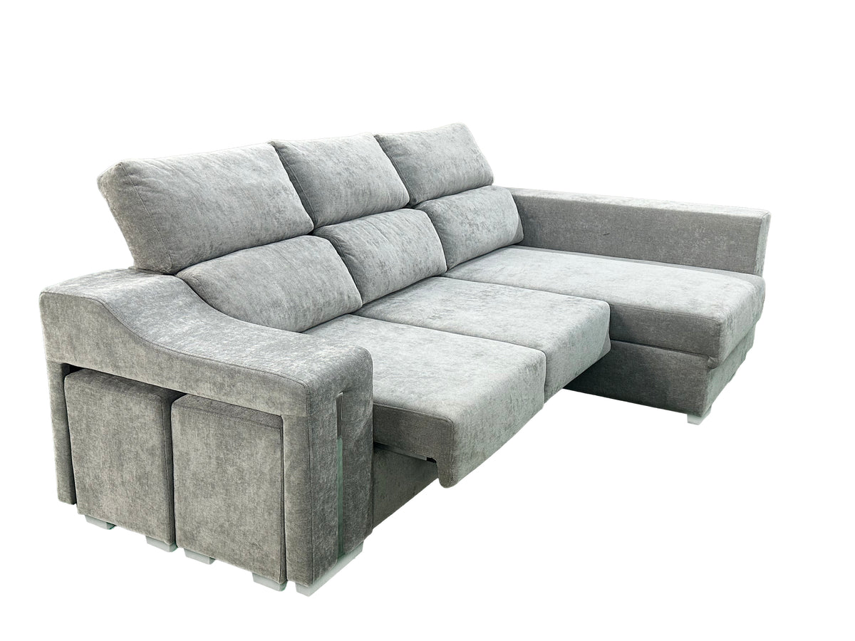 SOFÁ CHAISE LONGUE LUCAS – MÁXIMO CONFORT, ARCÓN DE GRAN CAPACIDAD Y 2 TABURETES INTEGRADOS