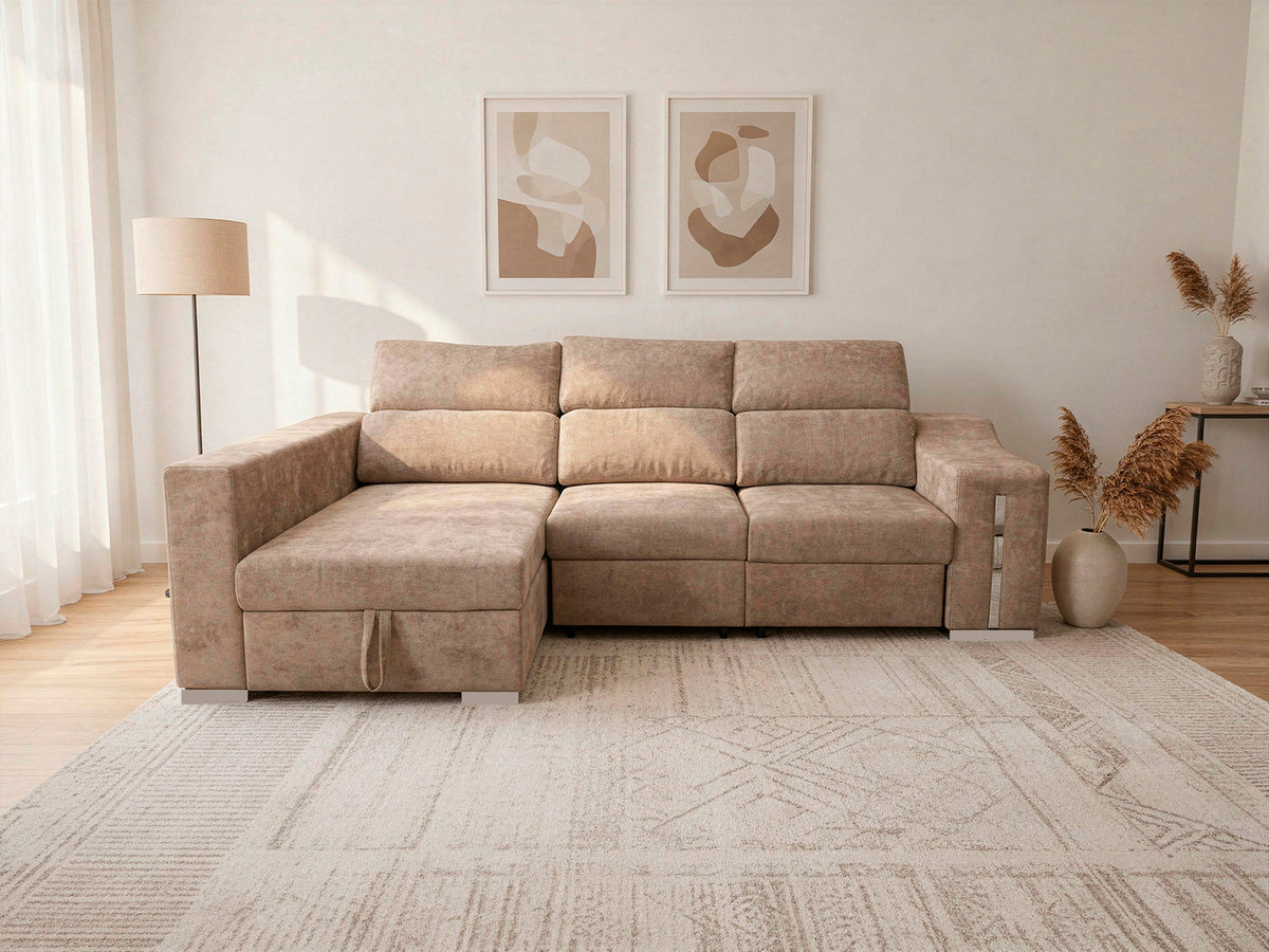 SOFÁ CHAISE LONGUE LUCAS – MÁXIMO CONFORT, ARCÓN DE GRAN CAPACIDAD Y 2 TABURETES INTEGRADOS