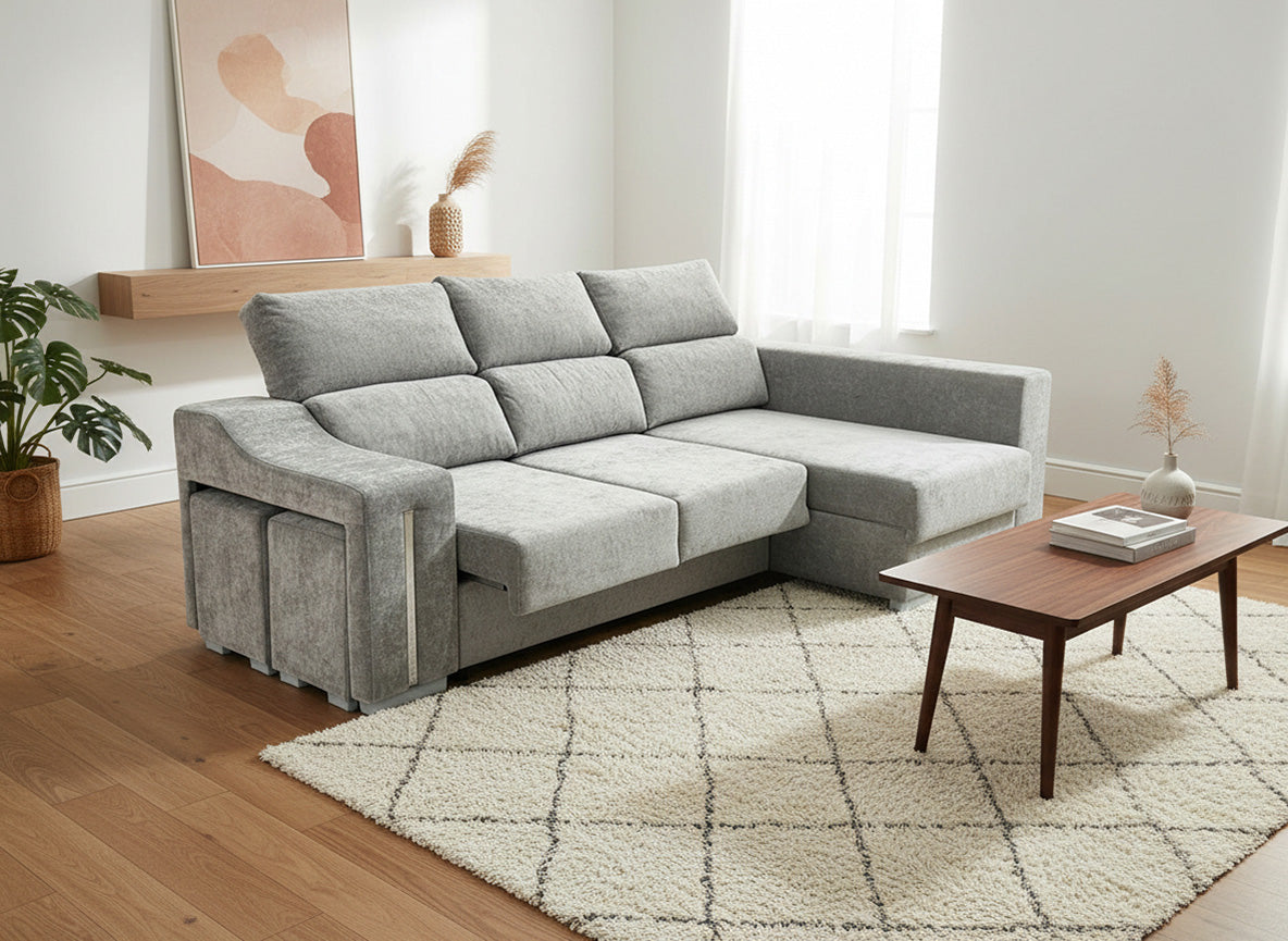 SOFÁ CHAISE LONGUE LUCAS – MÁXIMO CONFORT, ARCÓN DE GRAN CAPACIDAD Y 2 TABURETES INTEGRADOS