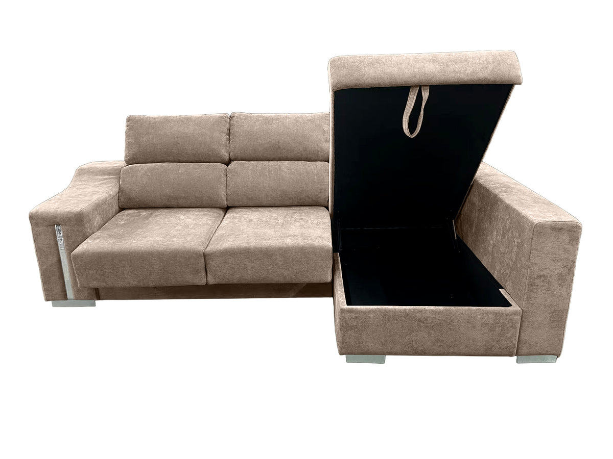 SOFÁ CHAISE LONGUE LUCAS – MÁXIMO CONFORT, ARCÓN DE GRAN CAPACIDAD Y 2 TABURETES INTEGRADOS