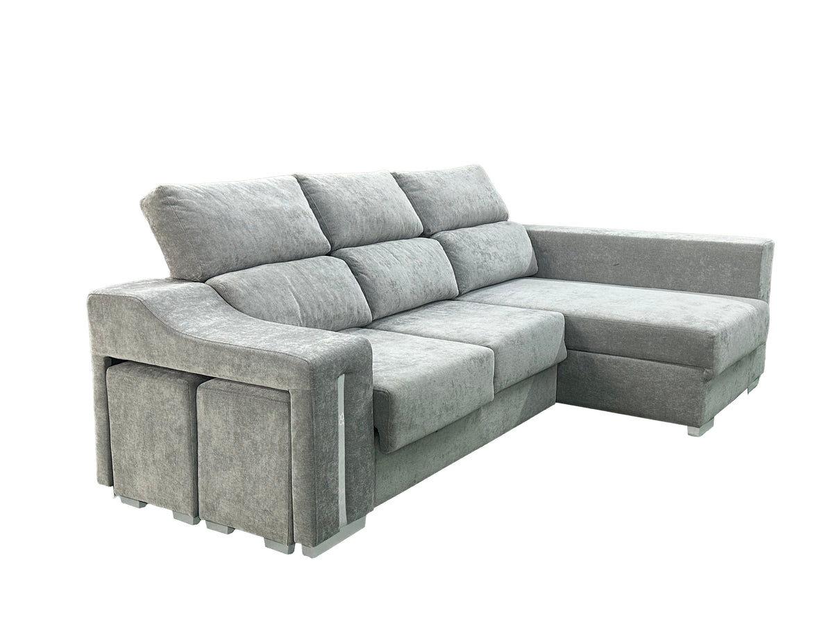 SOFÁ CHAISE LONGUE LUCAS – MÁXIMO CONFORT, ARCÓN DE GRAN CAPACIDAD Y 2 TABURETES INTEGRADOS