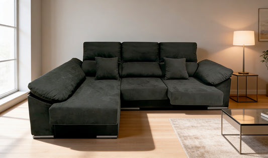 SOFÁ CHAISE LONGUE MATÍAS CON ARCÓN, ASIENTO EXTRAÍBLE Y COJINES: CONFORT INTELIGENTE Y ESPACIO EXTRA