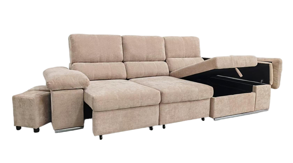 SOFÁ CHAISE LONGUE NADIA CAMA – DOBLE ARCÓN Y 2 TABURETES INTEGRADOS