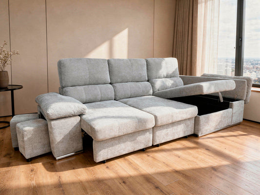 SOFÁ CHAISE LONGUE NADIA CAMA – DOBLE ARCÓN Y 2 TABURETES INTEGRADOS