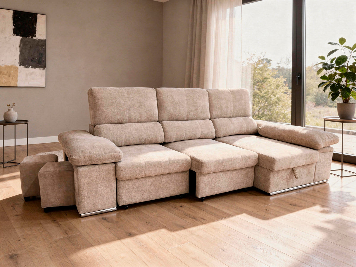SOFÁ CHAISE LONGUE NADIA CAMA – DOBLE ARCÓN Y 2 TABURETES INTEGRADOS