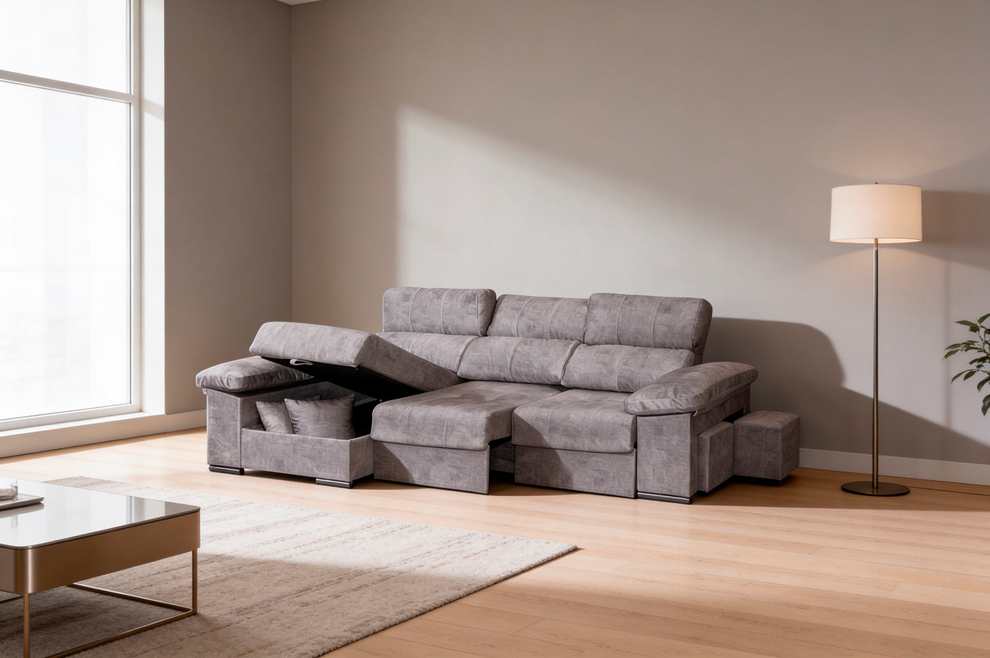 SOFÁ ROMA CAMA CON ARCÓN, ASIENTOS EXTRAÍBLES XL Y BRAZO SIESTA: ESPACIO, CONFORT Y VERSATILIDAD CON 2 COJINES Y 2 TABURETES