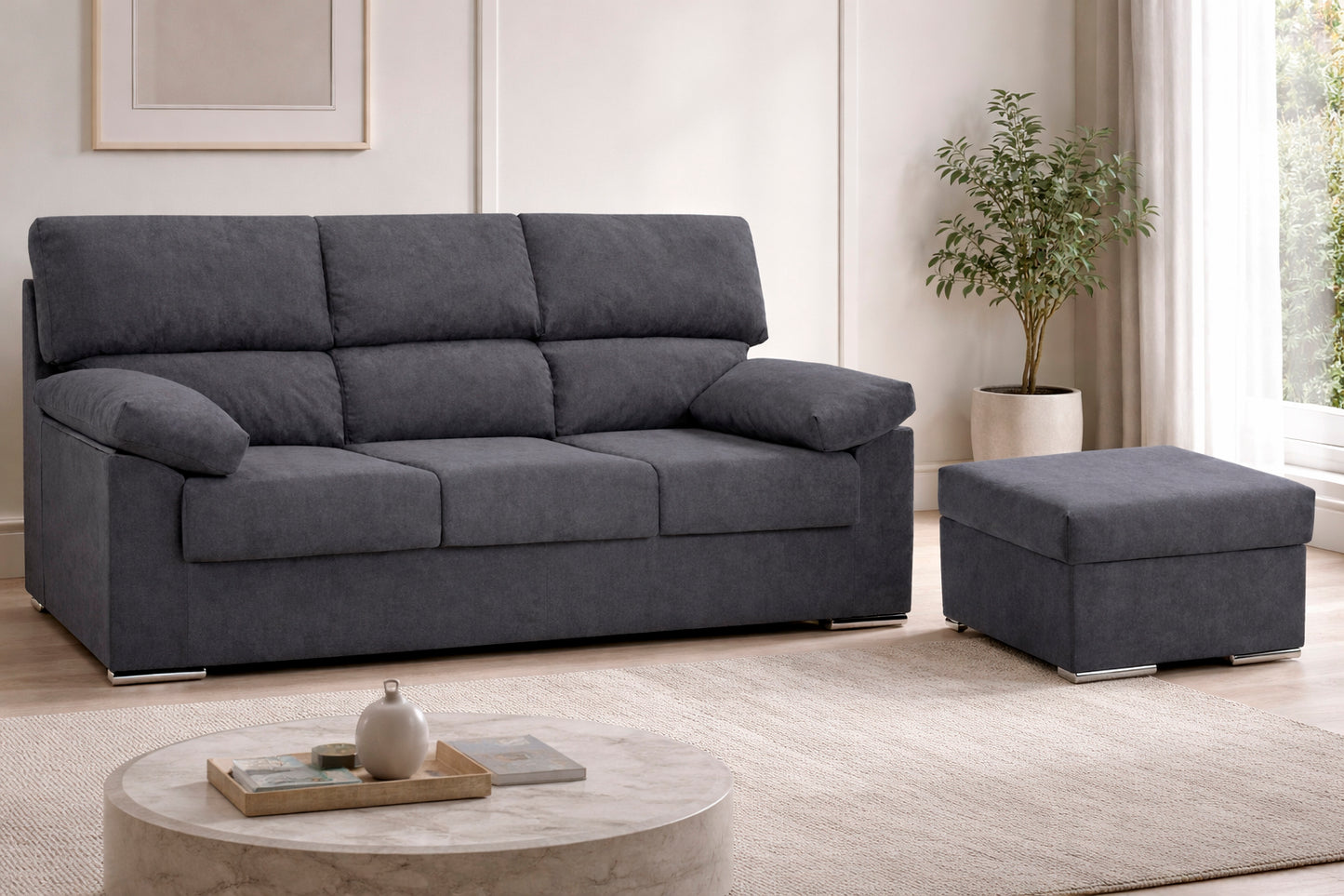 SOFÁ CHAISE LONGUE REVERSIBLE 3 PLAZAS 3 ASIENTOS DE 202 CM LARGO + PUFF XL RUBEN