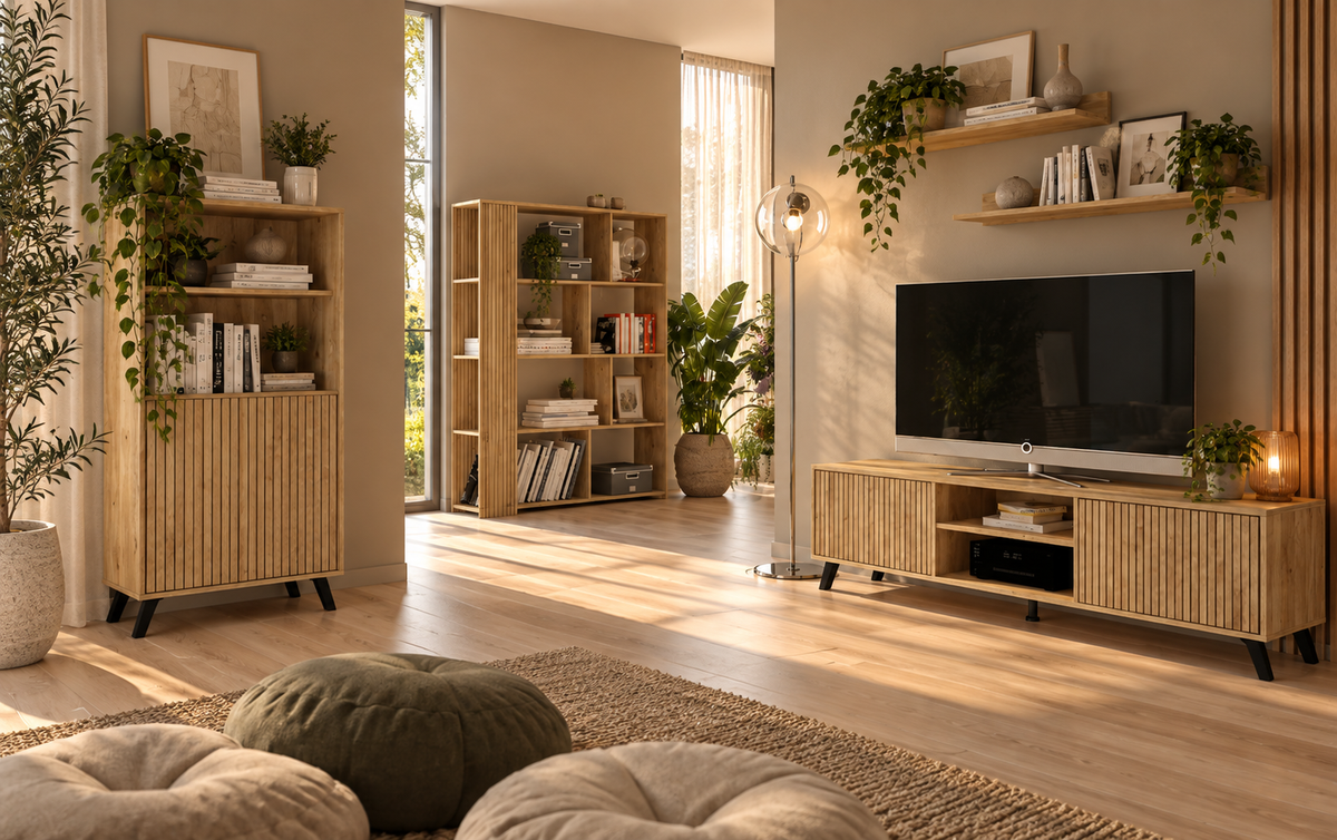 SALÓN COMPLETO SOLANA 02 · ESTILO ESCANDINAVO, GRAN ALMACENAJE Y DISEÑO FUNCIONAL