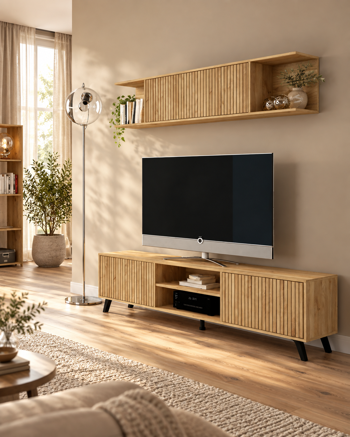 CONJUNTO DE SALÓN SOLANA 01 · MUEBLE TV + MUEBLE ALTO · DISEÑO ESCANDINAVO, ELEGANCIA Y ALMACENAJE EN UN SOLO CONJUNTO